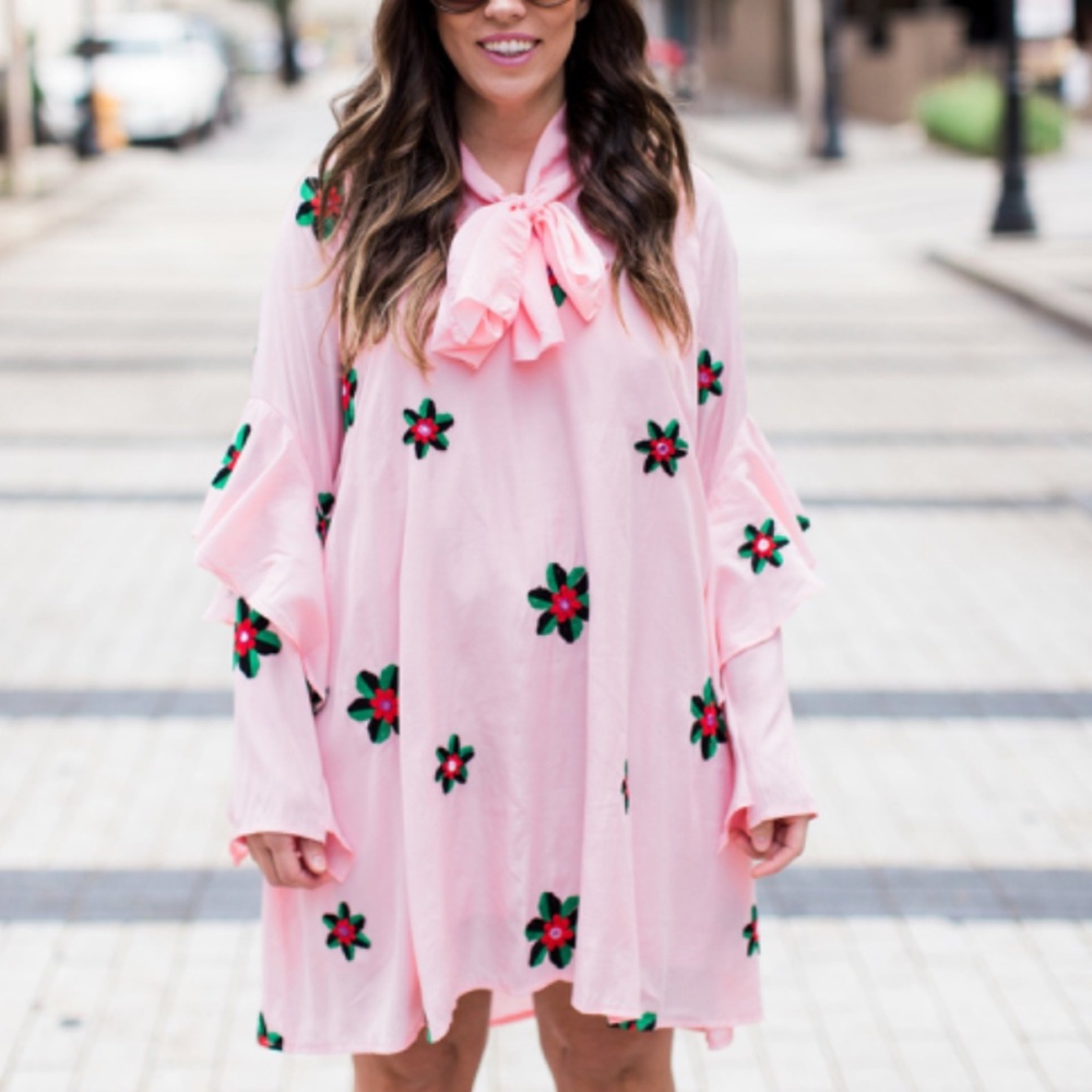 Pink Dress With Tie Neck & Embroidery